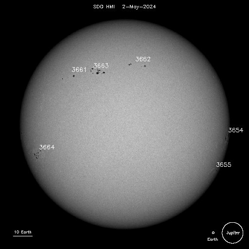 Image#3 Identified sunspots complete with relative sizes of 10 x Earth diameter, Earth diameter and Jupiter diameter.