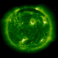 Image SOHO-EIT image in resonance lines of eleven times ionized iron (Fe XII) at 195 Angstroms in the extreme ultraviolet showing the solar corona at a temperature of about 1 million K. This image was recorded on 11 September 1997. It is dominated by two large active region systems, composed of numerous magnetic loops.